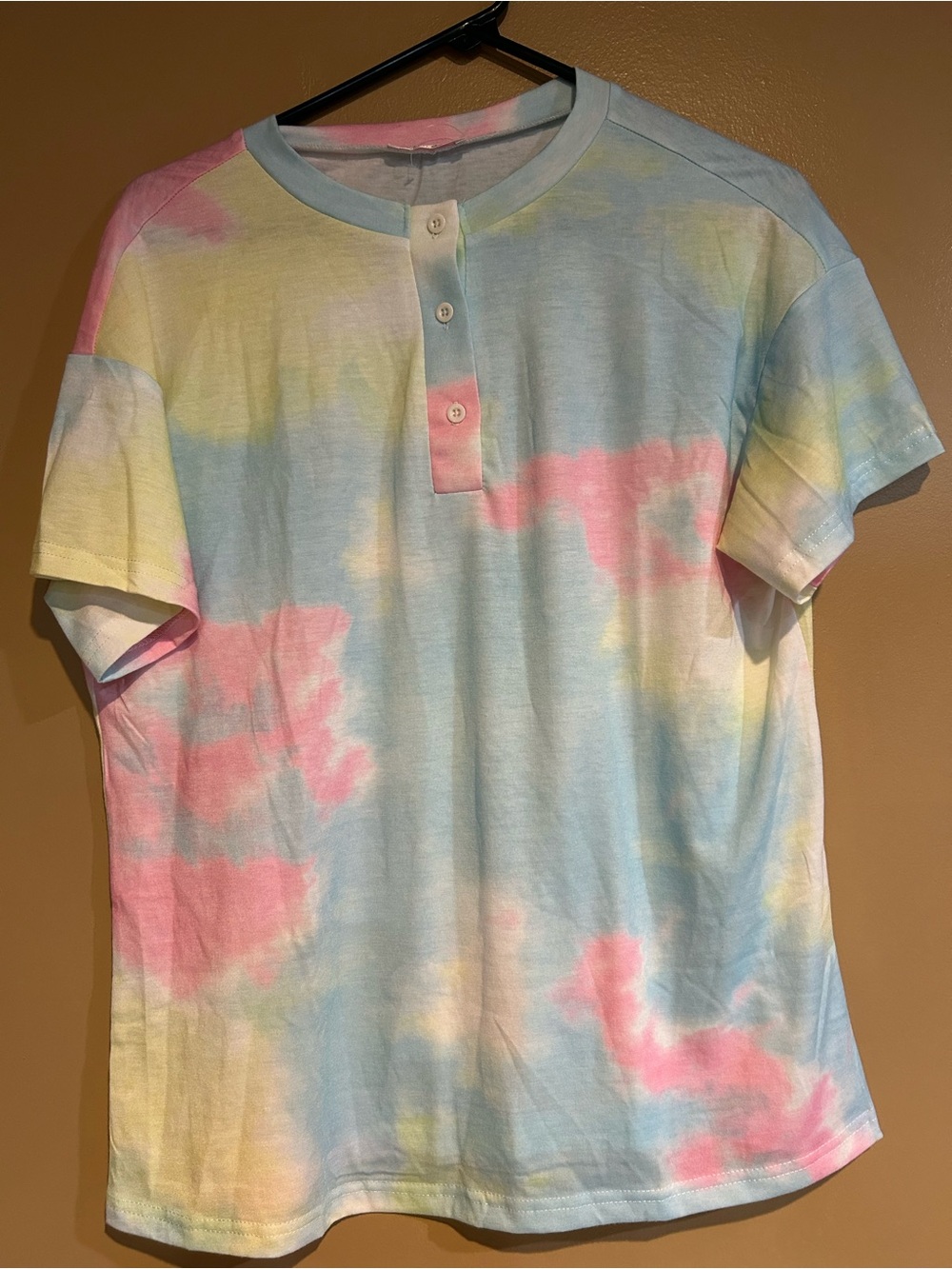 Women's matching Pastel Tie-Dye Henley Tee and shorts- Blue, Pink & Yellow - NEW